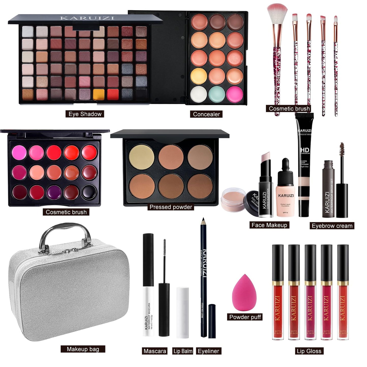 All in One Makeup Kit,Makeup Kit for Women, Teens and Girls, All-In-One Set with Eyeshadow Palettes, Lipsticks, Brushes, Storage Bag,Makeup Gift Set Girls Makeup Sets Ages 8-12 (Silver)
