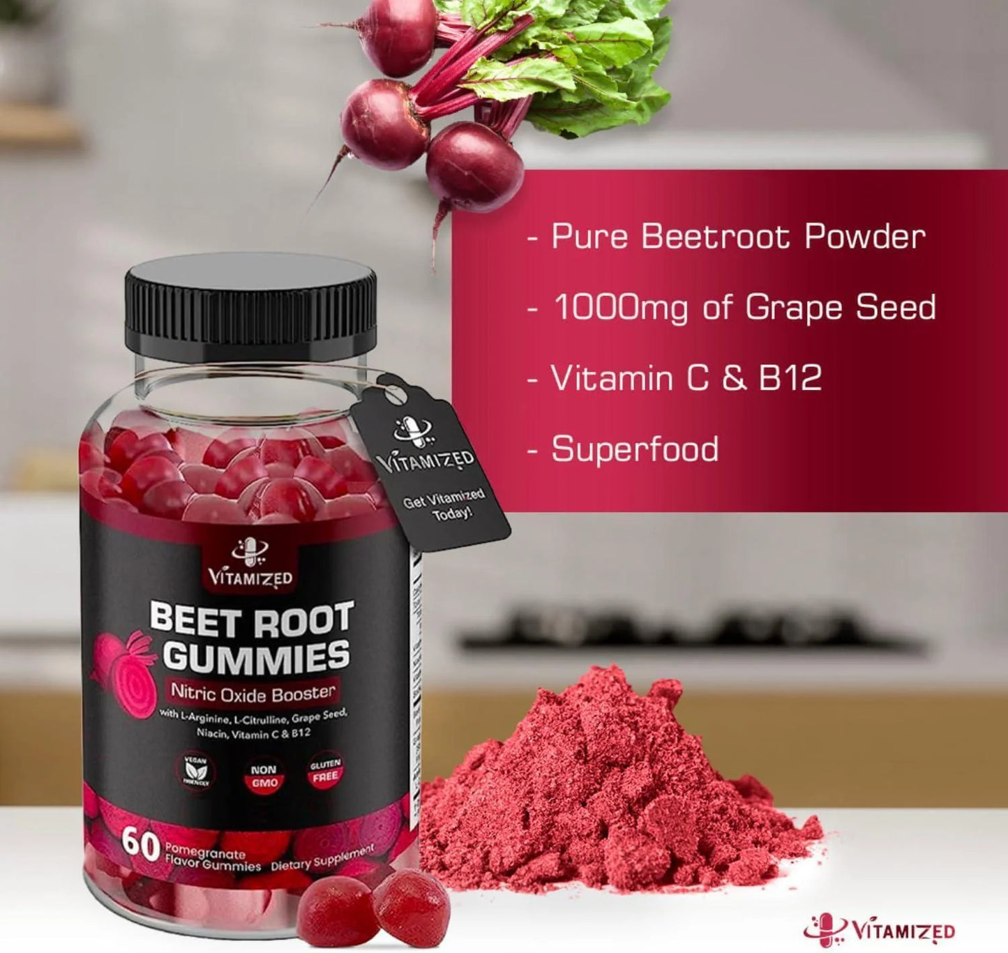 VITAMIZED Beetroot Gummies 1000Mg Nitric Oxide Supplement