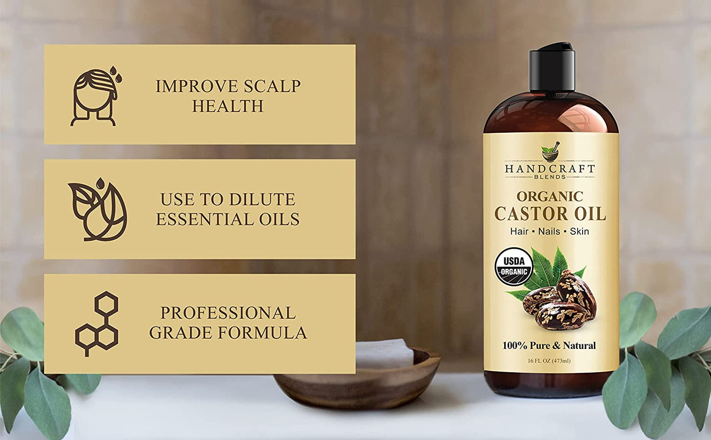 Premium Organic Castor Oil 100% Pure and Hexane-Free Cold-Pressed Beauty 16 Fl.