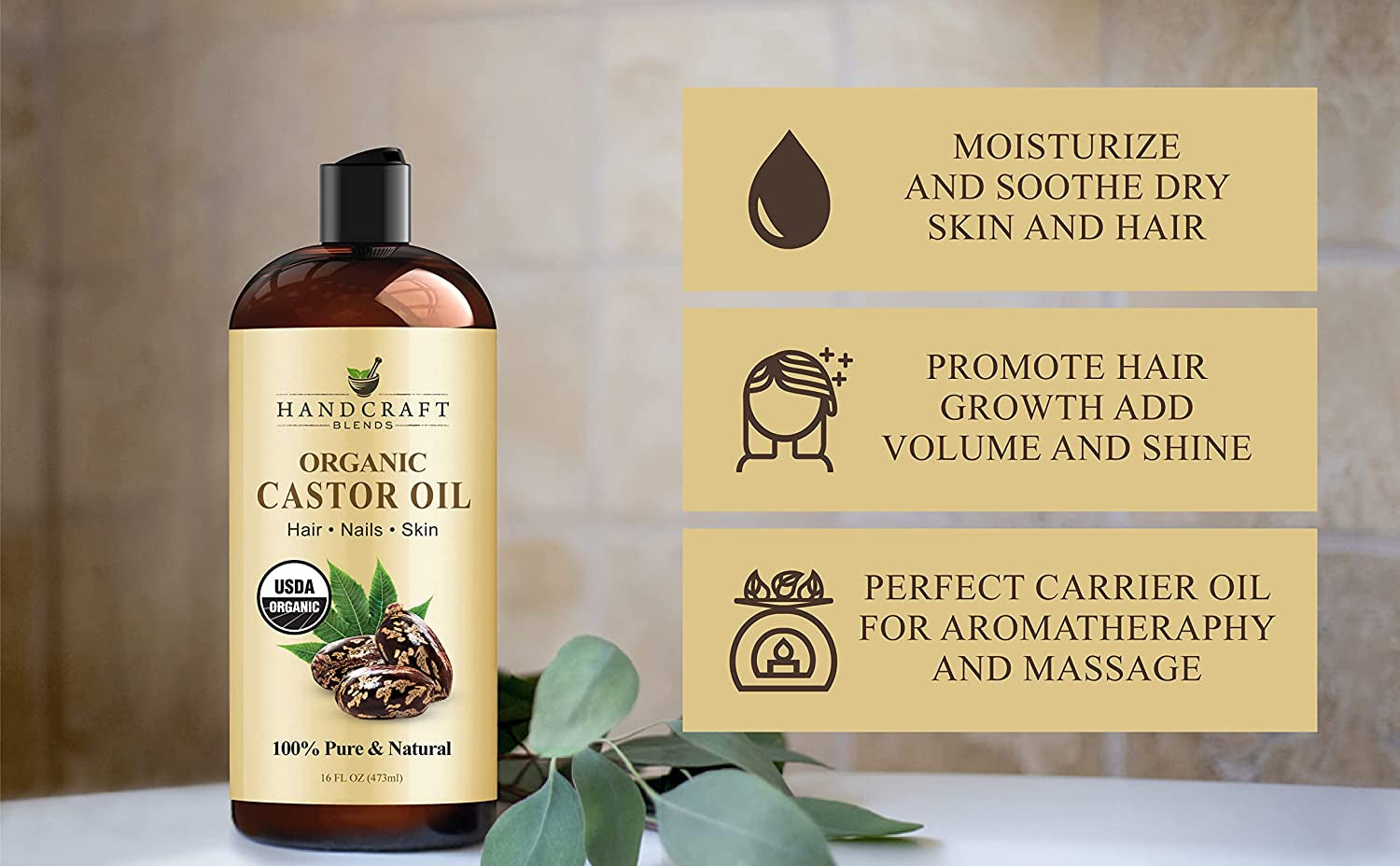Premium Organic Castor Oil 100% Pure and Hexane-Free Cold-Pressed Beauty 16 Fl.