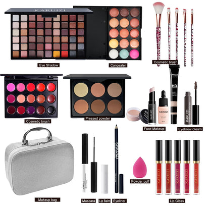All in One Makeup Kit,Makeup Kit for Women, Teens and Girls, All-In-One Set with Eyeshadow Palettes, Lipsticks, Brushes, Storage Bag,Makeup Gift Set Girls Makeup Sets Ages 8-12 (Silver)
