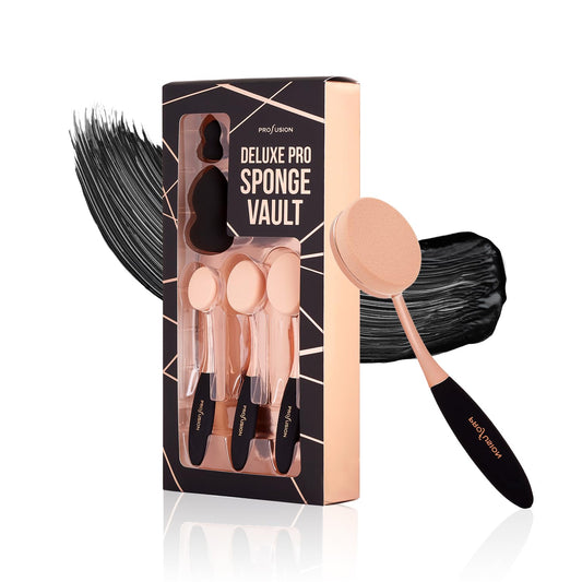 Deluxe Pro 5 Piece Beauty Sponge Vault Set, Includes 3 Oval Handle Sponges & 2 Beauty Blenders for Liquid & Cream Cosmetics, Full Face & Precision Blending