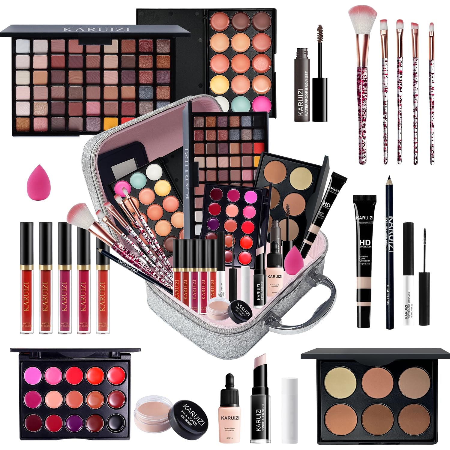All in One Makeup Kit,Makeup Kit for Women, Teens and Girls, All-In-One Set with Eyeshadow Palettes, Lipsticks, Brushes, Storage Bag,Makeup Gift Set Girls Makeup Sets Ages 8-12 (Silver)