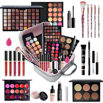 All in One Makeup Kit,Makeup Kit for Women, Teens and Girls, All-In-One Set with Eyeshadow Palettes, Lipsticks, Brushes, Storage Bag,Makeup Gift Set Girls Makeup Sets Ages 8-12 (Silver)