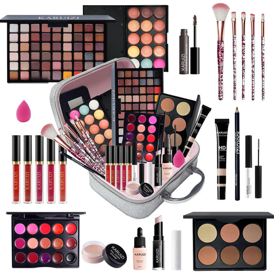 All in One Makeup Kit,Makeup Kit for Women, Teens and Girls, All-In-One Set with Eyeshadow Palettes, Lipsticks, Brushes, Storage Bag,Makeup Gift Set Girls Makeup Sets Ages 8-12 (Silver)