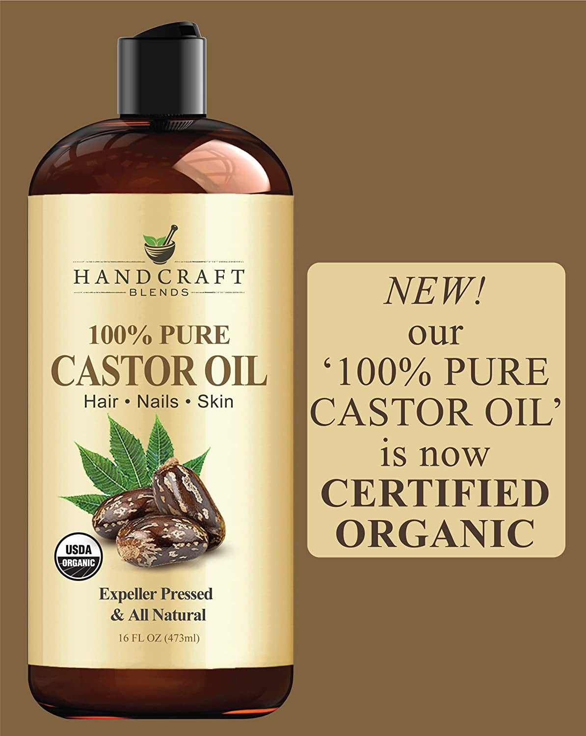 Premium Organic Castor Oil 100% Pure and Hexane-Free Cold-Pressed Beauty 16 Fl.