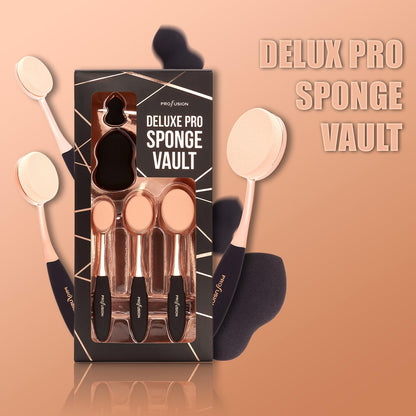 Deluxe Pro 5 Piece Beauty Sponge Vault Set, Includes 3 Oval Handle Sponges & 2 Beauty Blenders for Liquid & Cream Cosmetics, Full Face & Precision Blending