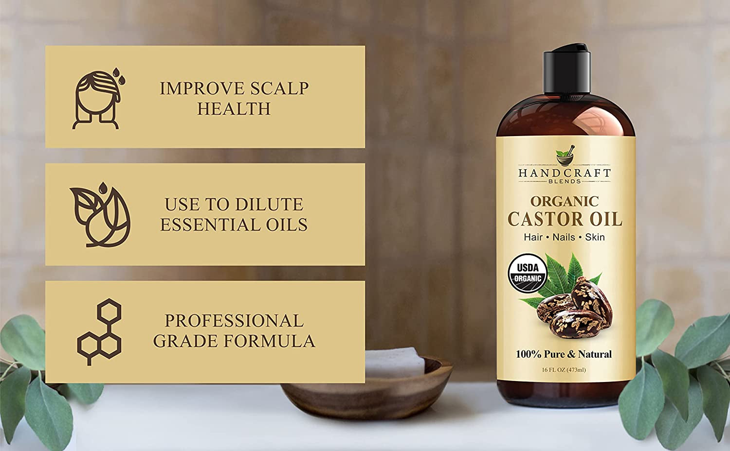 Premium Organic Castor Oil 100% Pure and Hexane-Free Cold-Pressed Beauty 16 Fl.